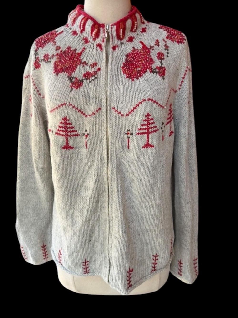 Late 1990s/Y2K Villager Sport‎ Full Zip Mock-Neck Fair Isle Landscape Cardigan